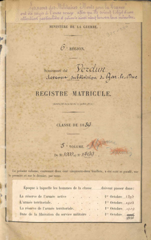 1889 - Registre matricules n° 1000-1499