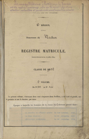 1902 - Registre matricules n° 501-1000