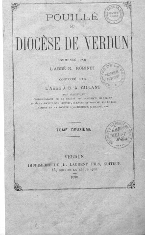 Pouillé du diocèse de Verdun, t.2, Verdun, Laurent fils, 1898, 808 p.
