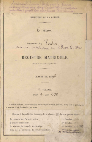 1898 - Registre matricules n° 1-500