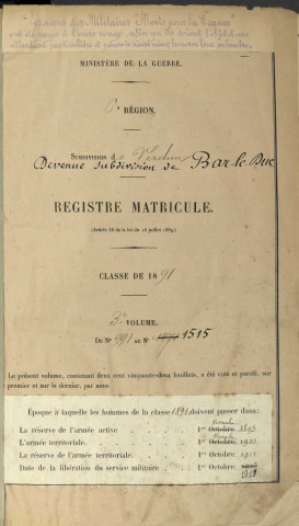 1891 - Registre matricules n° 991-1515 [et aussi canton de Briey]