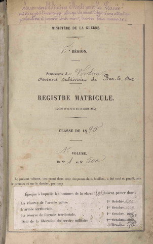 1895 - Registre matricules n° 1-500 [et aussi cantons de Chambley et Conflans]