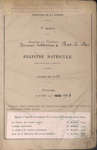 1892 - Registre matricules n° 1501-1918 [et aussi canton de Chambley]