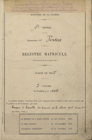 1905 - Registre matricules n° 1001-1500