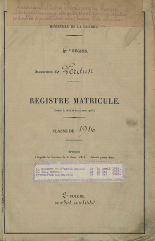 1916 - Registre matricules n° 501-1000