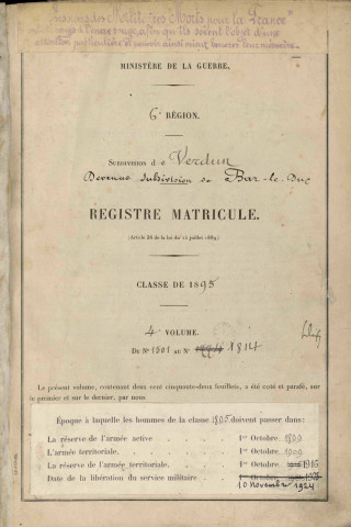 1895 -Registre matricules n° 1501-1814