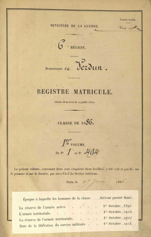 1886 - Registre matricules n° 1-494 [et aussi canton de Chambley]
