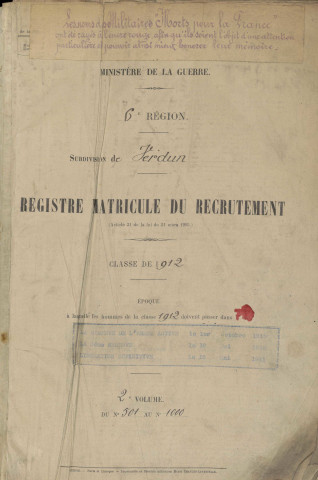 1912 - Registre matricules n° 501-1000