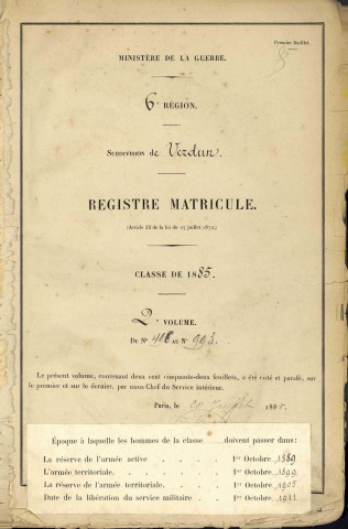 1885 - Registre matricules n° 496-993 [et aussi canton de Briey]