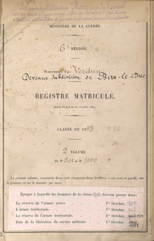 1893 - Registre matricules n° 501-1000