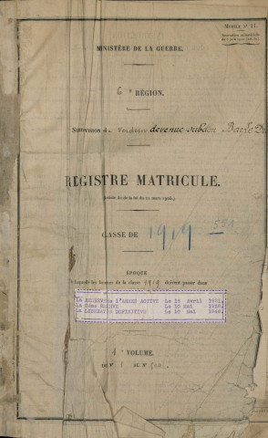 1919 - Registre matricules n° 1-500