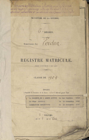 1909 - Registre matricules n° 1-500