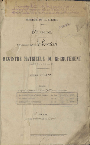 1912 - Registre matricules n° 1001-1500