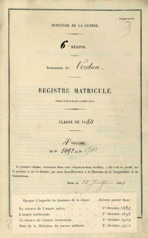 1884 - Registre matricules n° 1492-1700 [et aussi cantons de Briey, Chambley et Conflans]