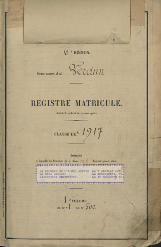 1917 - Registre matricules n° 1-500