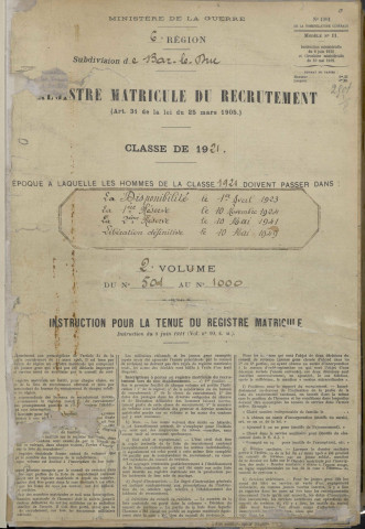 1921 - Registre matricules n° 501-1098
