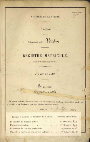 1885 - Registre matricules n° 994-1484 [et aussi canton de Conflans]