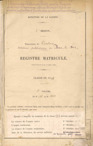 1898 - Registre matricules n° 501-1000