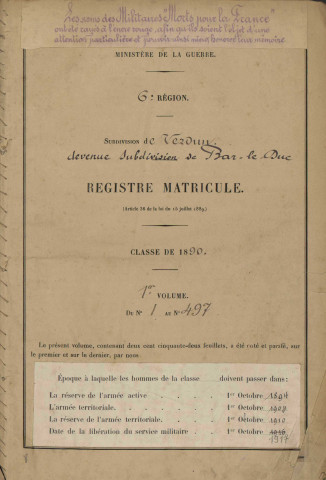 1890 - Registre matricules n° 1-497