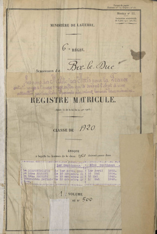 1920 - Registre matricules n° 1-500