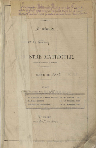 1908 - Registre matricules n° 501-1000