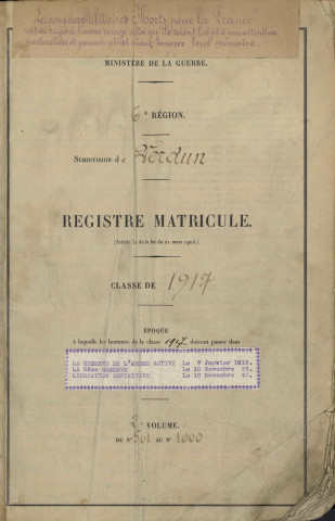 1917 - Registre matricules n° 501-1000