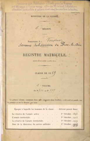 1889 - Registre matricules n° 500-999 [et aussi cantons de Briey, Chambley, Conflans]