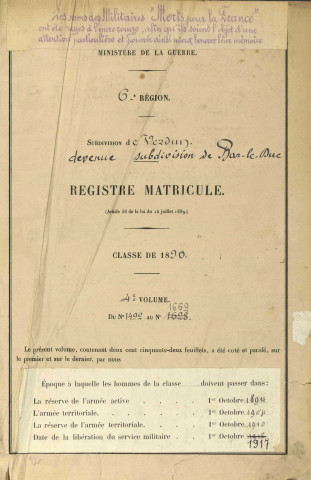 1890 - Registre matricules n° 1492-1669 [et aussi canton de Conflans]