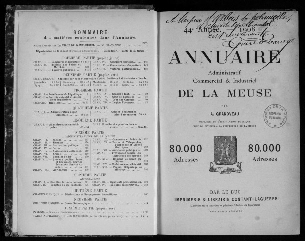 Annuaire administratif, commercial et industriel de la Meuse 1908