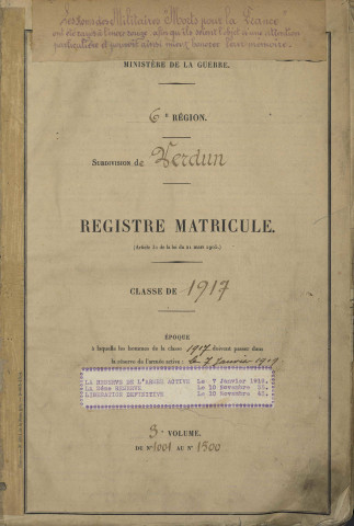 1917 - Registre matricules n° 1001-1500