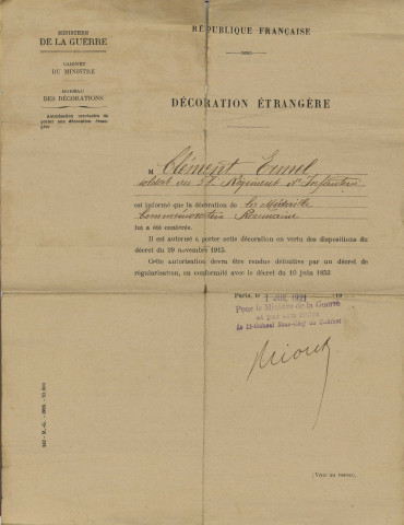Registre matricule, journal de guerre appartenant à Ermel Hippolyte Clément.