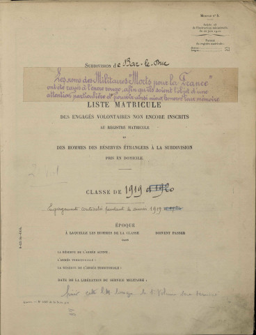 1919 - Etrangers à la subdivision : matricules n° 1-837