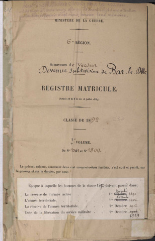 1892 - Registre matricules n° 1001-1500