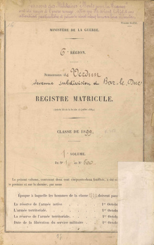 1899 - Registre matricules n° 1-500