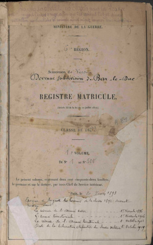 1892 - Registre matricules n° 1-500 [et aussi cantons de Briey , Conflans]