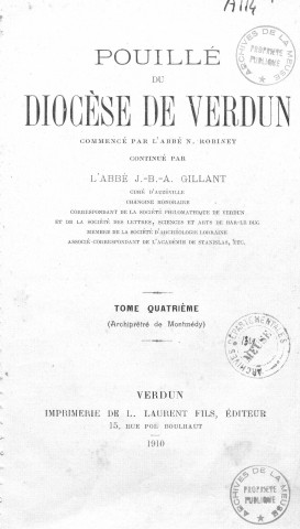 Pouillé du diocèse de Verdun, t.4, Verdun, Laurent fils, 1910, 582 p.