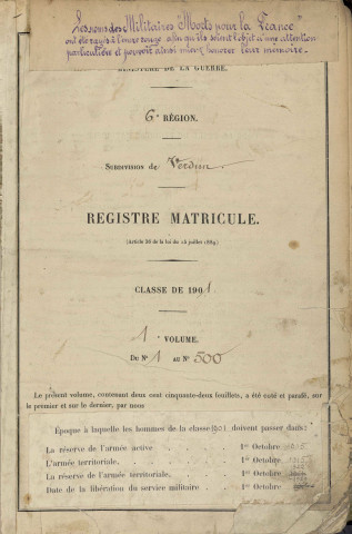 1901 - Registre matricules n° 1-500