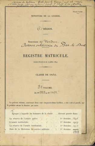 1890 - Registre matricules n° 993-1491