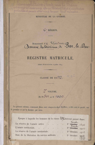 1892 - Registre matricules n° 501-1000