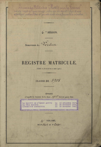 1915 - Registre matricules n° 1501-1970