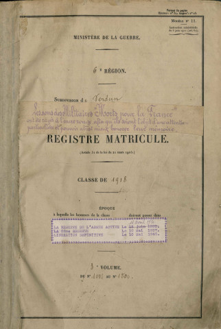 1918 - Registre matricules n° 1001-1500