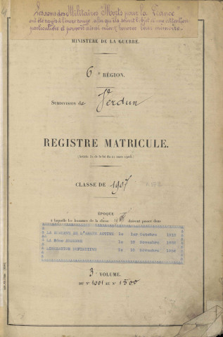 1907 - Registre matricules n° 1001-1500