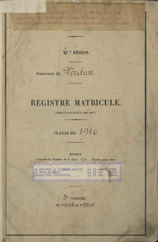1916 - Registre matricules n° 1001-1306