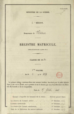 1881 - Registre matricules n° 1-484