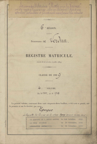1909 - Registre matricules n° 1501-2112