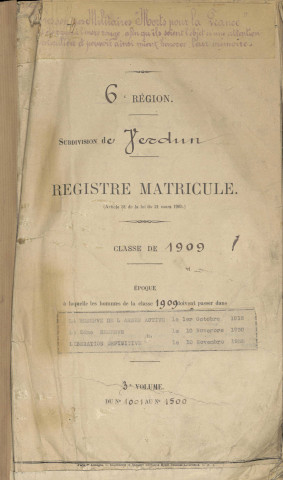 1909 - Registre matricules n° 1001-1500