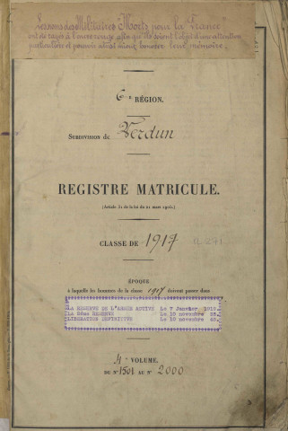 1917 - Registre matricules n° 1501-2000