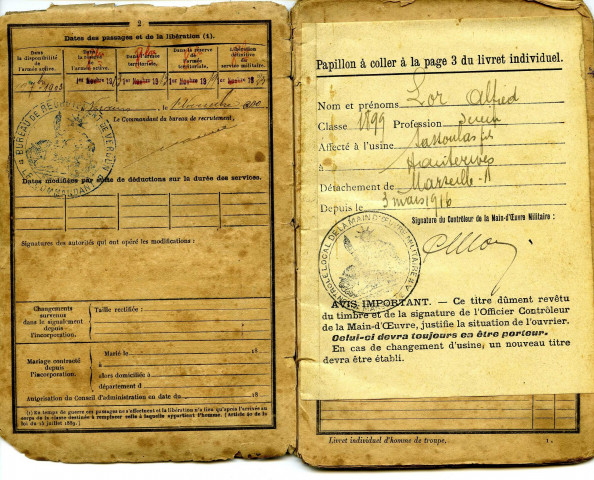 Registre matricule, cartes postales, correspondances concernant Emile Lor. Carnet de chansons non signé, vie sous l'occupation à Chaillon.