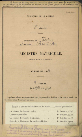 1888 - Registre matricules n° 492-990 [et aussi cantons de Briey, Chambley et Conflans]