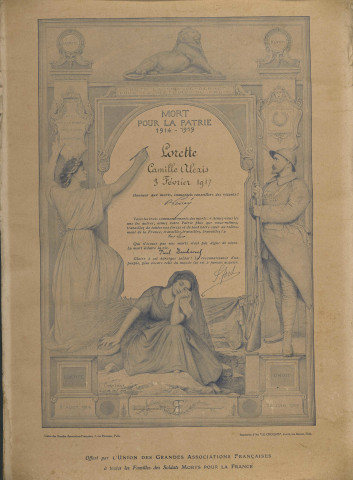 Documents hommage de la nation et mort pour la patrie relatifs à Camille Lorette.